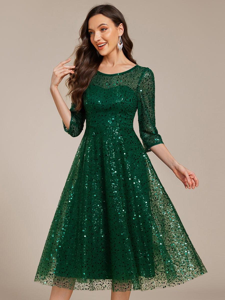 Classic 3/4 Sleeves Sequin Tea-Length Wedding Guest Dress