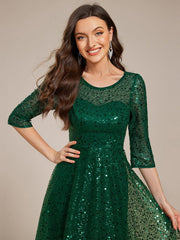 Classic 3/4 Sleeves Sequin Tea-Length Wedding Guest Dress