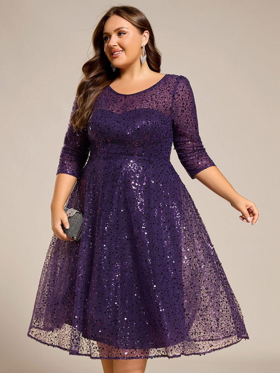 Classic 3/4 Sleeves Sequin Tea-Length Wedding Guest Dress