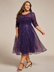 Classic 3/4 Sleeves Sequin Tea-Length Wedding Guest Dress