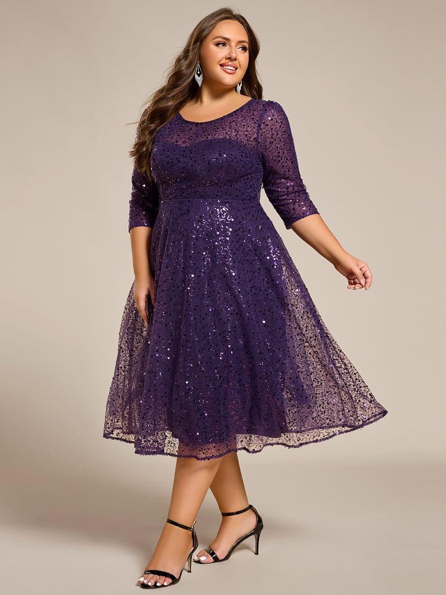 Classic 3/4 Sleeves Sequin Tea-Length Wedding Guest Dress