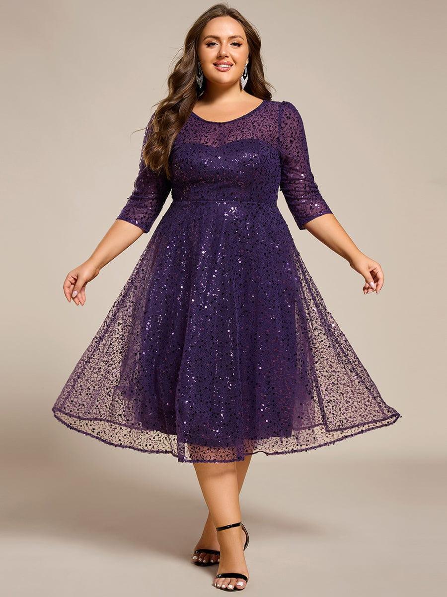 Classic 3/4 Sleeves Sequin Tea-Length Wedding Guest Dress