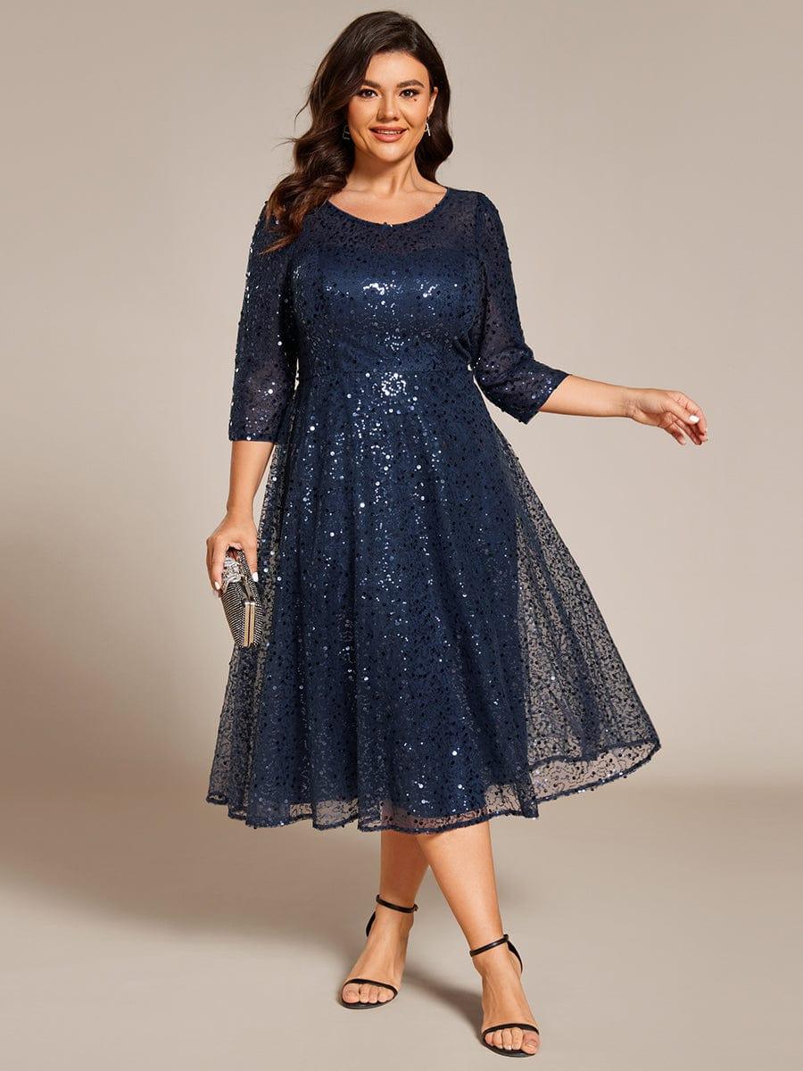 Chic Plus Size A-Line 3/4 Long Sleeves Sequin Wedding Guest Dress