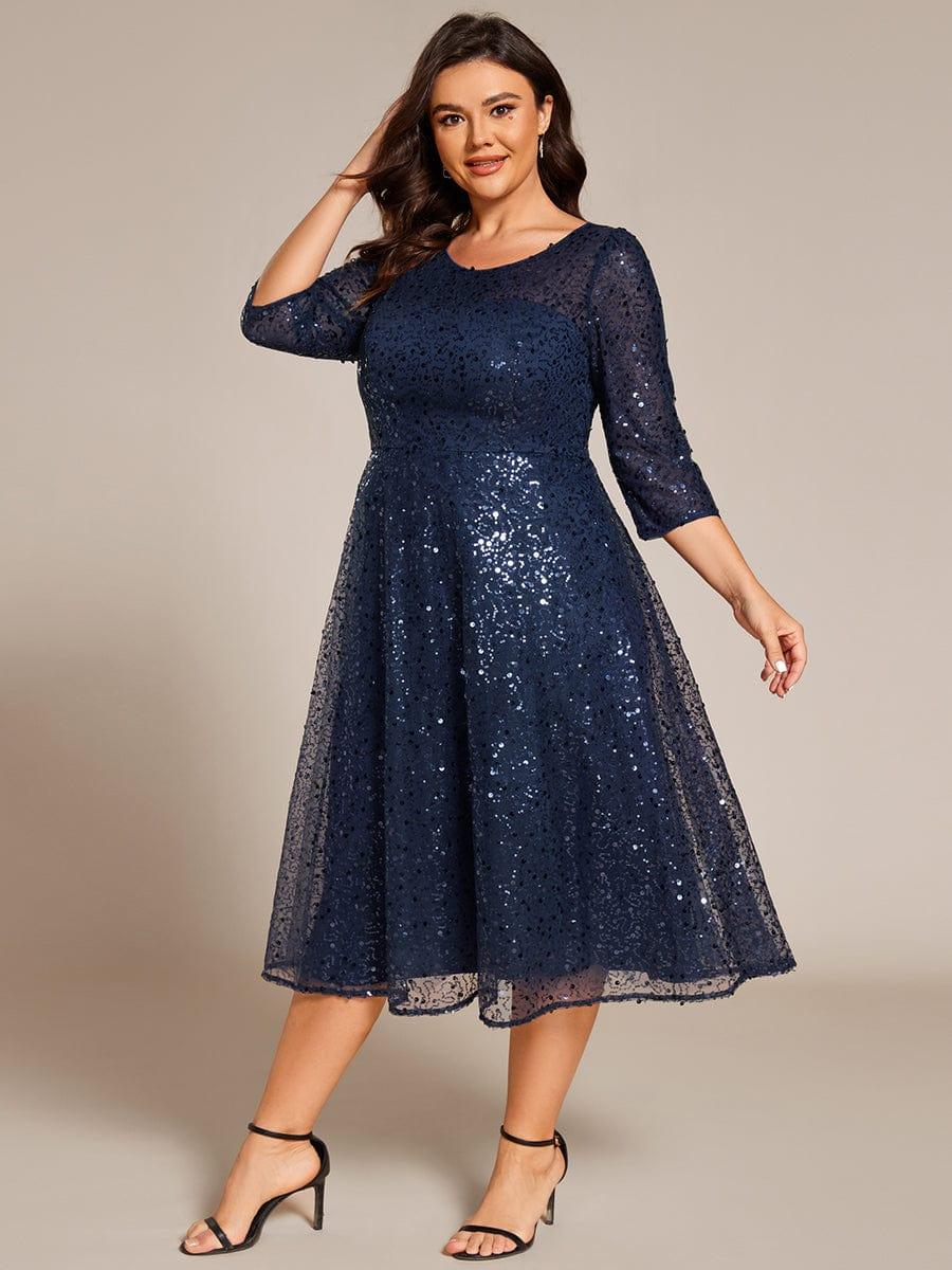 Classic 3/4 Sleeves Sequin Tea-Length Wedding Guest Dress