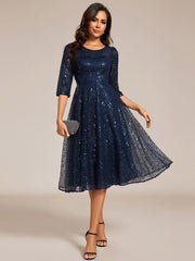 Classic 3/4 Sleeves Sequin Tea-Length Wedding Guest Dress