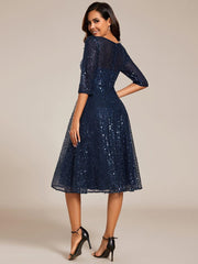 Classic 3/4 Sleeves Sequin Tea-Length Wedding Guest Dress