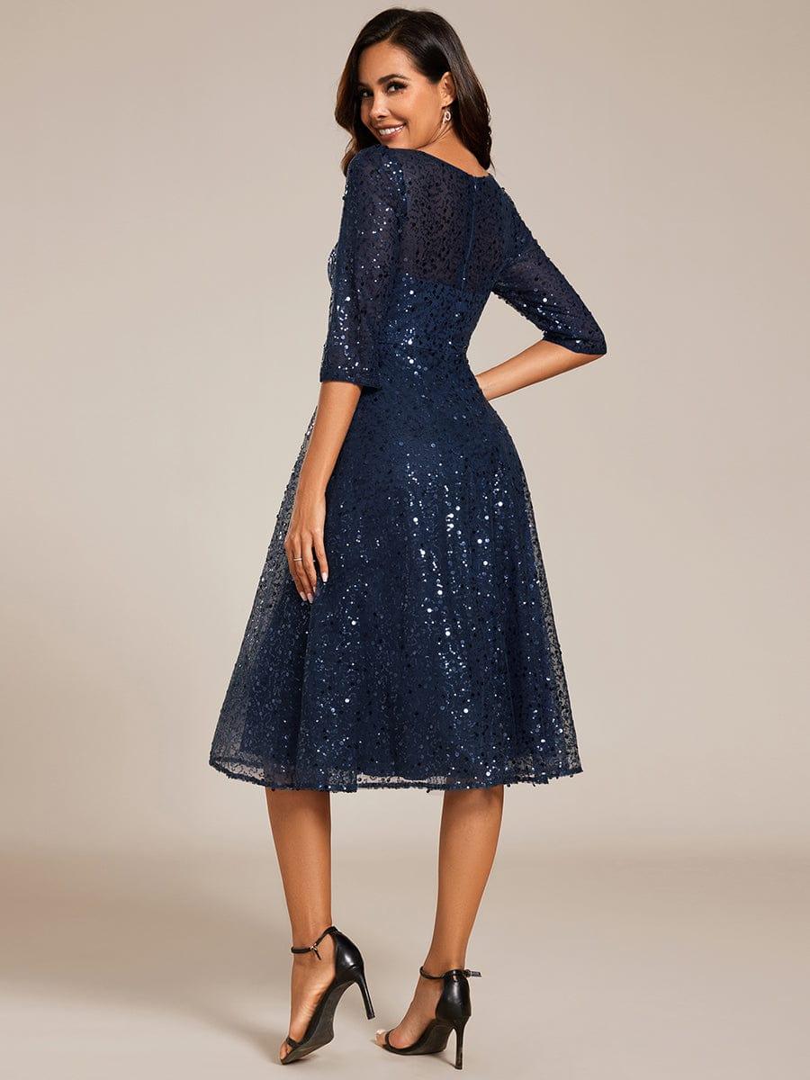 Classic 3/4 Sleeves Sequin Tea-Length Wedding Guest Dress