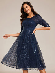 Classic 3/4 Sleeves Sequin Tea-Length Wedding Guest Dress