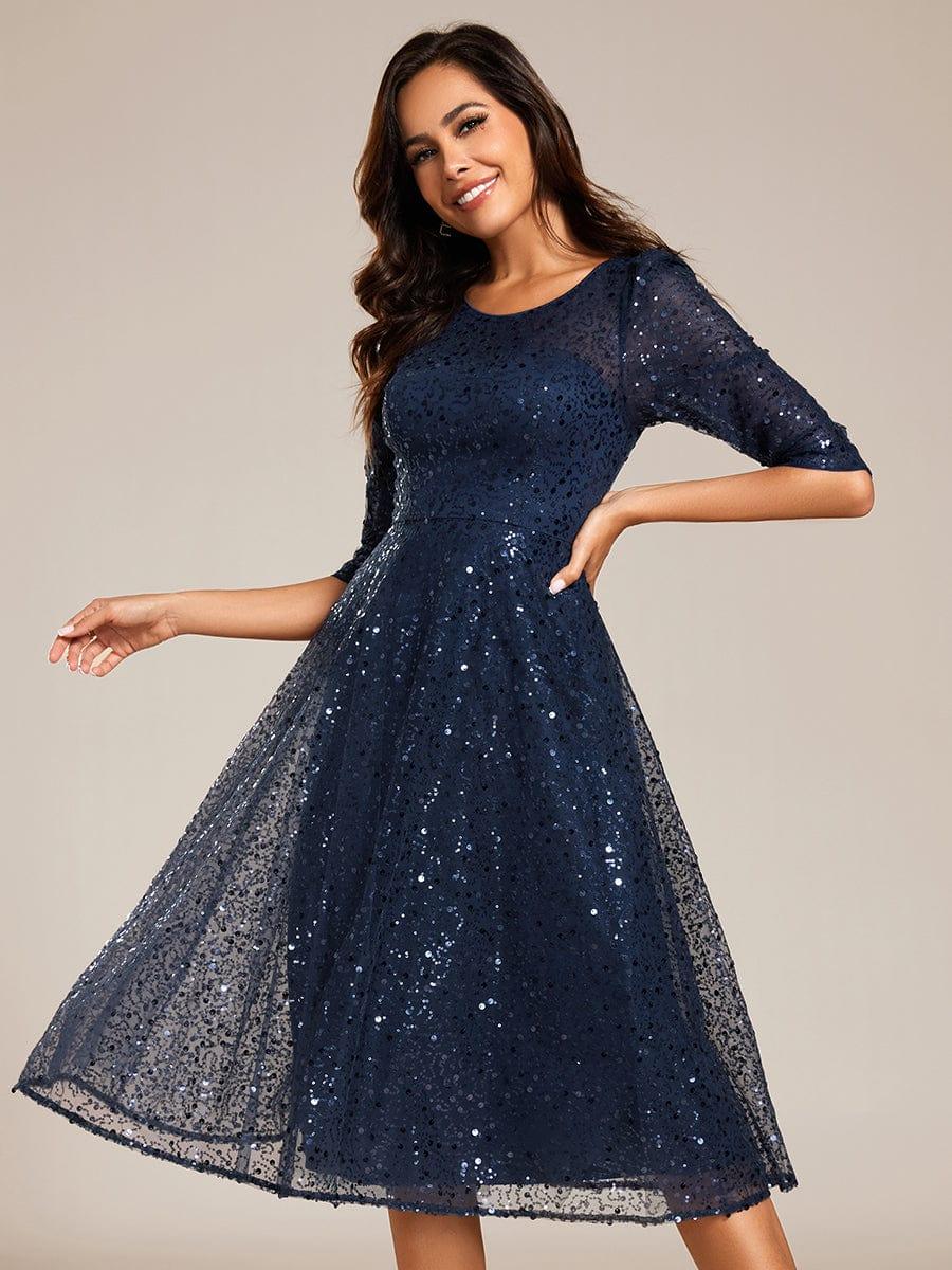 Classic 3/4 Sleeves Sequin Tea-Length Wedding Guest Dress