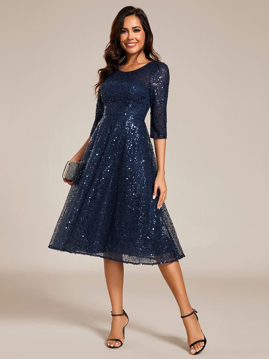 Classic 3/4 Sleeves Sequin Tea-Length Wedding Guest Dress