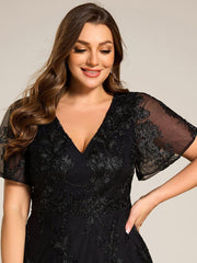 Beautiful Plus Size A-Line V-Neck Wedding Guest Dress with Embroidery
