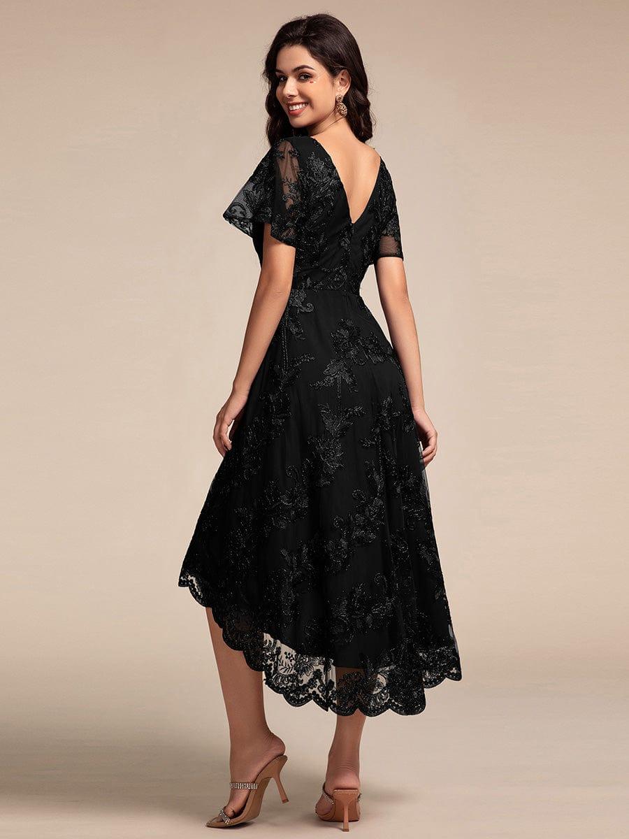 Elegant V-Neck Hi-Lo A-Line Wedding Guest Dress with Sleeves