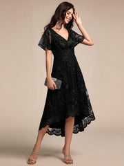 Elegant V-Neck Hi-Lo A-Line Wedding Guest Dress with Sleeves