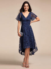 Elegant V-Neck Hi-Lo A-Line Wedding Guest Dress with Sleeves