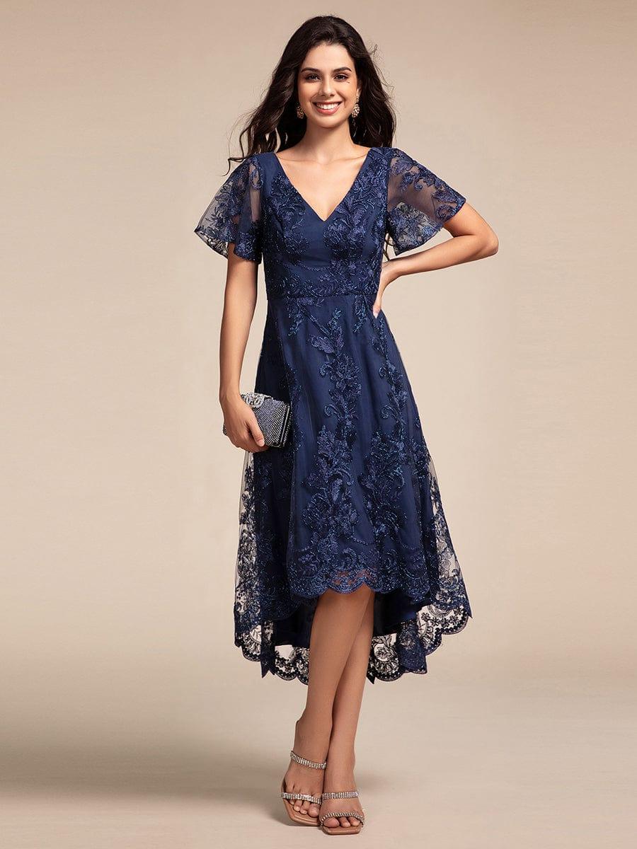 Elegant V-Neck Hi-Lo A-Line Wedding Guest Dress with Sleeves