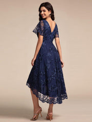 Elegant V-Neck Hi-Lo A-Line Wedding Guest Dress with Sleeves