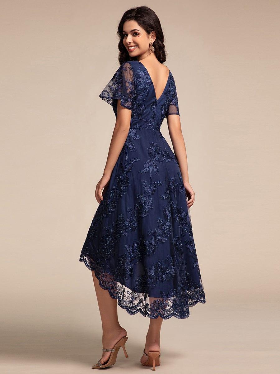 Elegant V-Neck Hi-Lo A-Line Wedding Guest Dress with Sleeves