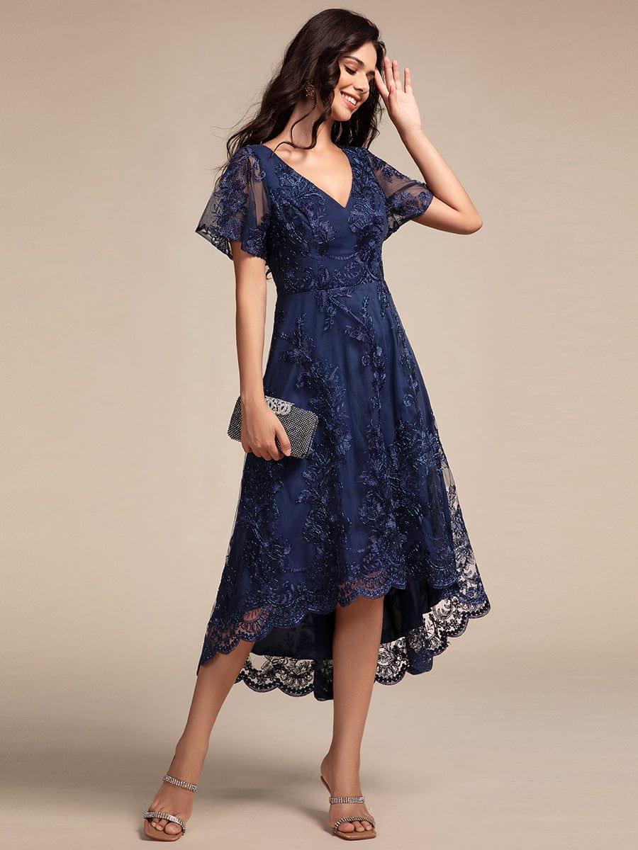 Elegant V-Neck Hi-Lo A-Line Wedding Guest Dress with Sleeves