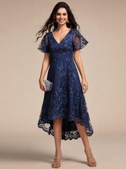 Elegant V-Neck Hi-Lo A-Line Wedding Guest Dress with Sleeves