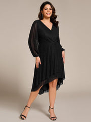 Classic Plus Size Long Sleeves V-Neck Hi-Lo Wedding Guest Dress