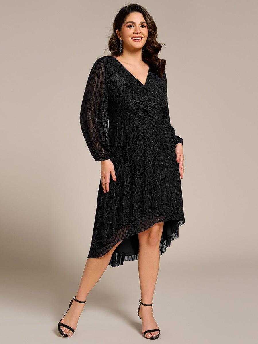Classic Plus Size Long Sleeves V-Neck Hi-Lo Wedding Guest Dress