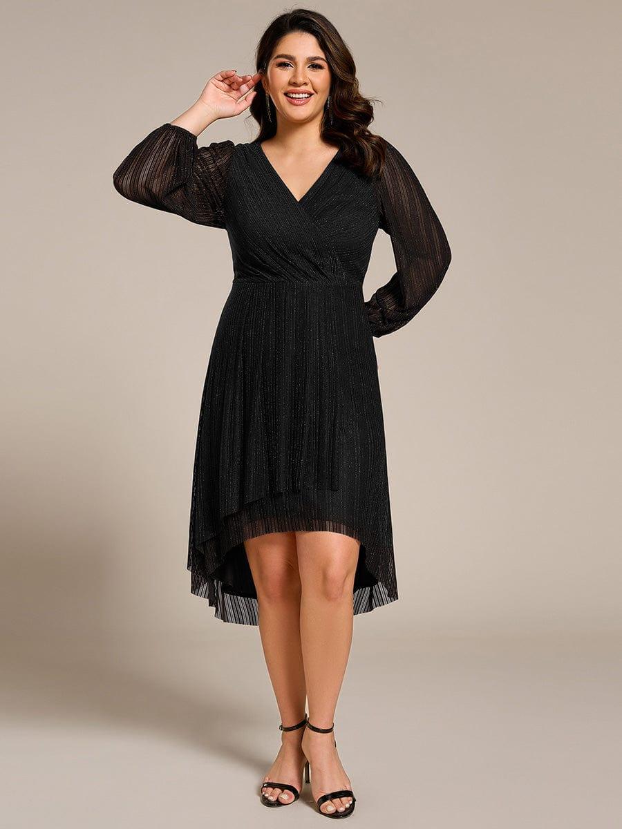 Classic Plus Size Long Sleeves V-Neck Hi-Lo Wedding Guest Dress