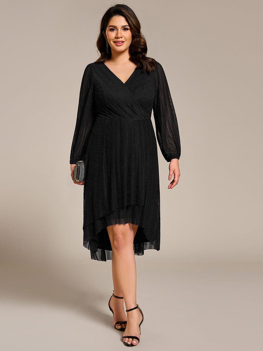 Classic Plus Size Long Sleeves V-Neck Hi-Lo Wedding Guest Dress