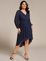 Classic Plus Size Long Sleeves V-Neck Hi-Lo Wedding Guest Dress