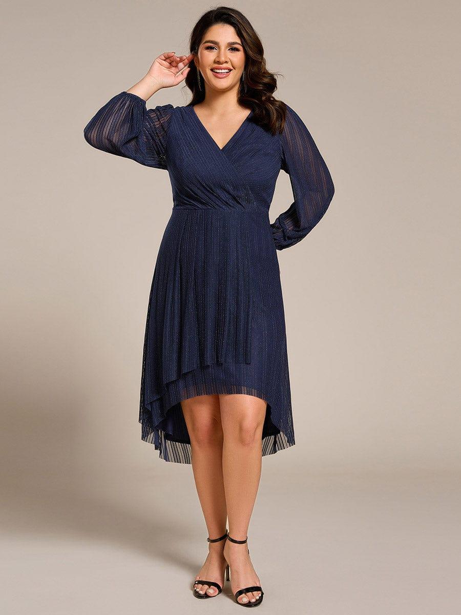Classic Plus Size Long Sleeves V-Neck Hi-Lo Wedding Guest Dress