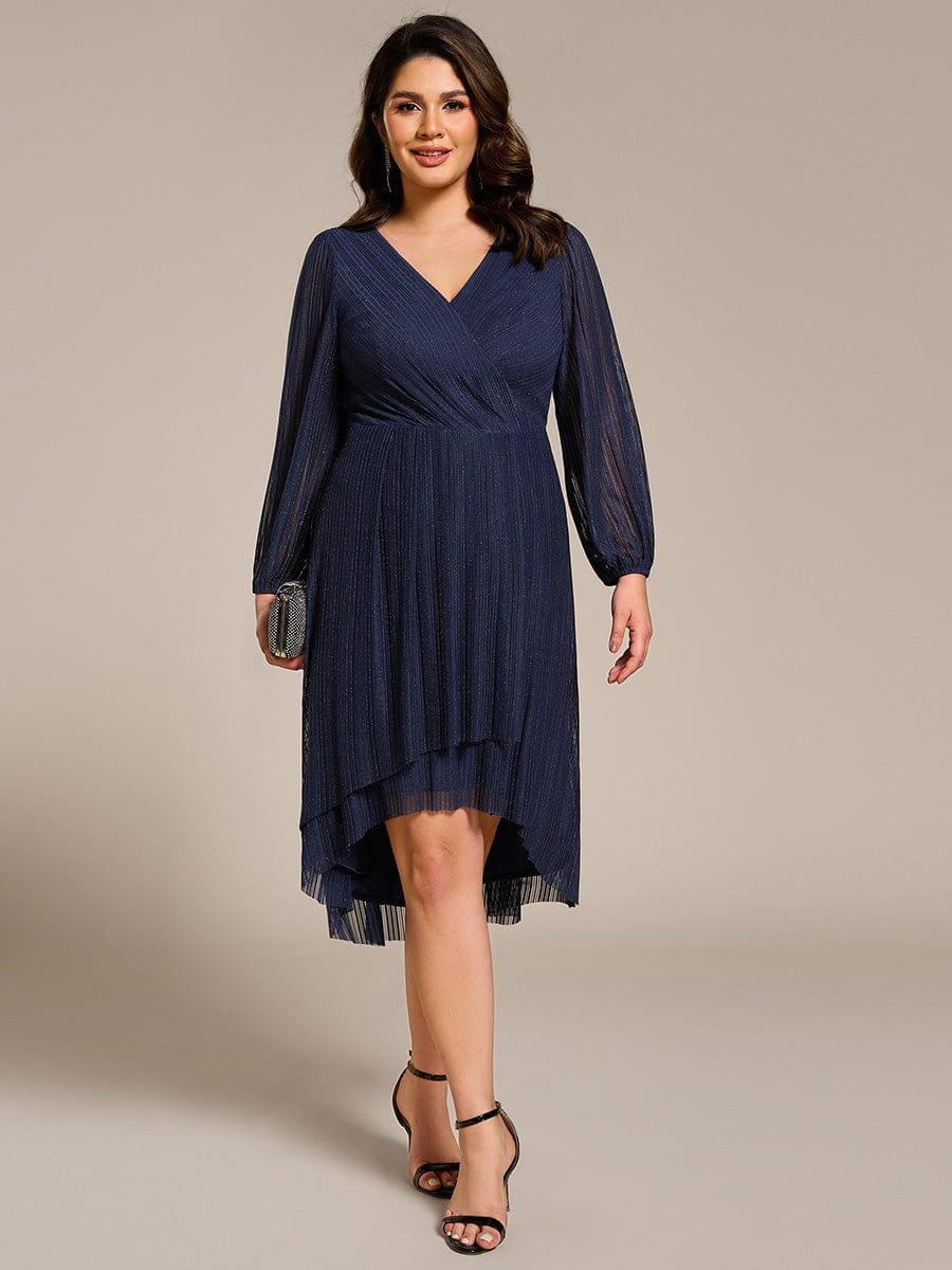 Classic Plus Size Long Sleeves V-Neck Hi-Lo Wedding Guest Dress