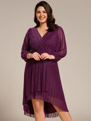 Classic Plus Size Long Sleeves V-Neck Hi-Lo Wedding Guest Dress