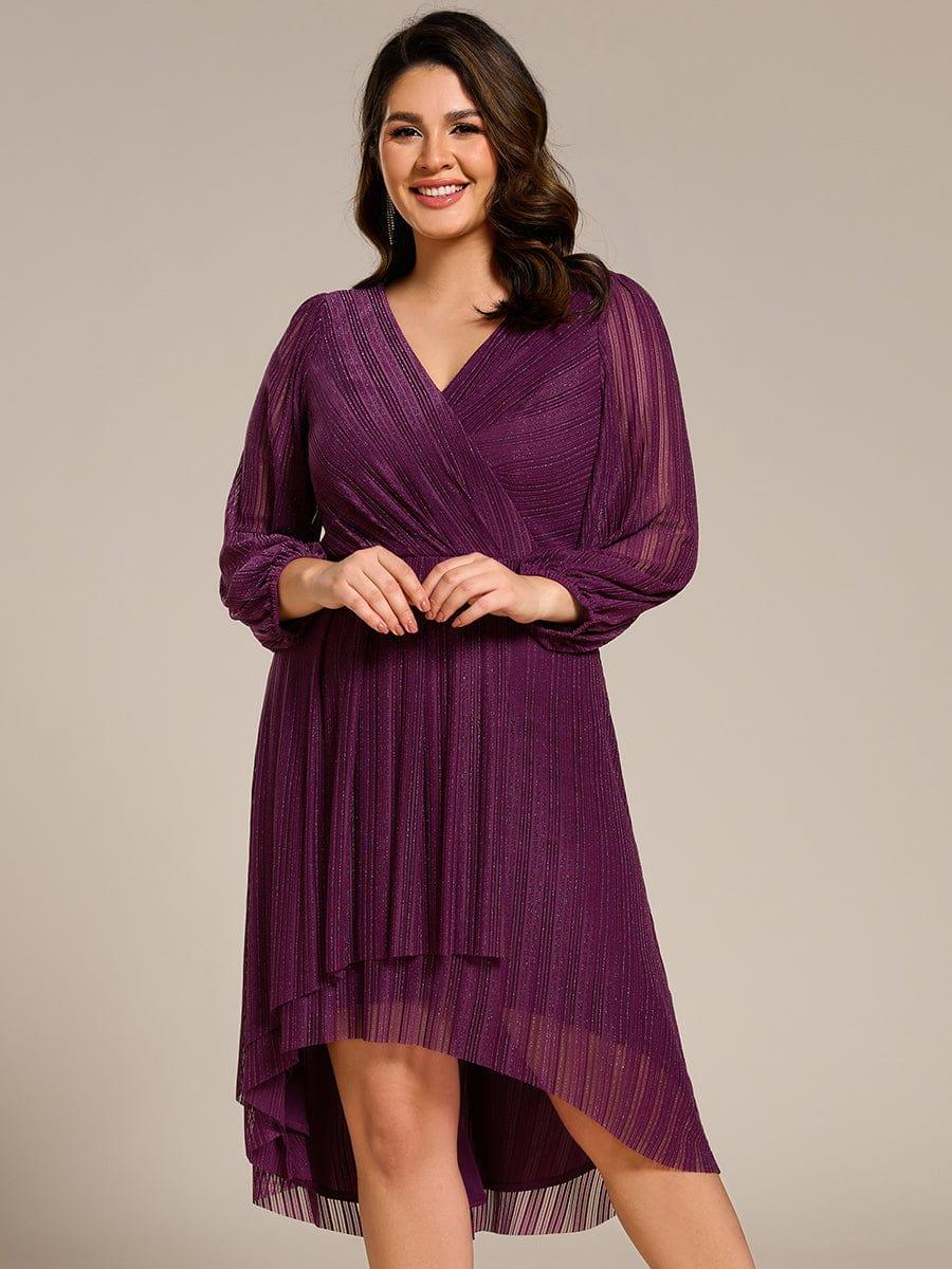Classic Plus Size Long Sleeves V-Neck Hi-Lo Wedding Guest Dress