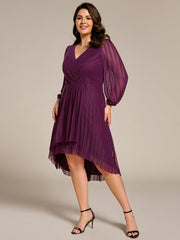 Classic Plus Size Long Sleeves V-Neck Hi-Lo Wedding Guest Dress