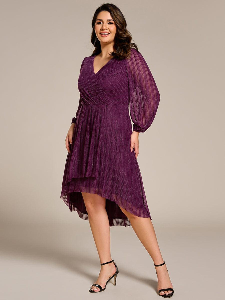 Classic Plus Size Long Sleeves V-Neck Hi-Lo Wedding Guest Dress