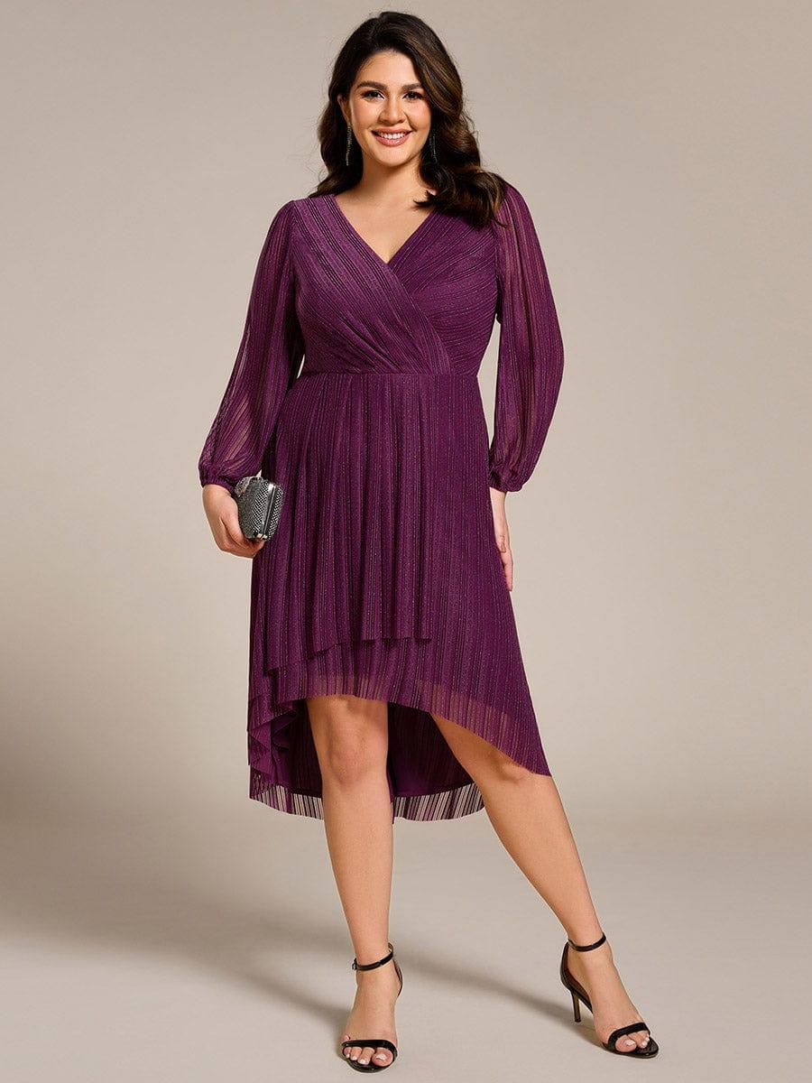 Classic Plus Size Long Sleeves V-Neck Hi-Lo Wedding Guest Dress