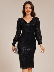 Sexy Mermaid Tea-Length Sequin V-Neck Wedding Guest Dress with Long Sleeves