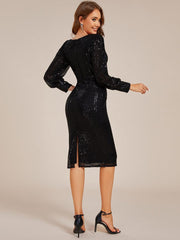 Sexy Mermaid Tea-Length Sequin V-Neck Wedding Guest Dress with Long Sleeves