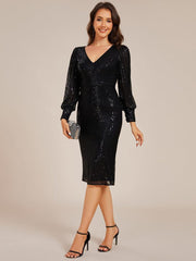 Sexy Mermaid Tea-Length Sequin V-Neck Wedding Guest Dress with Long Sleeves