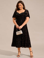 Glamorous Plus Size Tea-Length Velvet A-Line Wedding Guest Dress with Short Sleeves