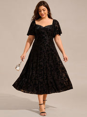 Glamorous Plus Size Tea-Length Velvet A-Line Wedding Guest Dress with Short Sleeves