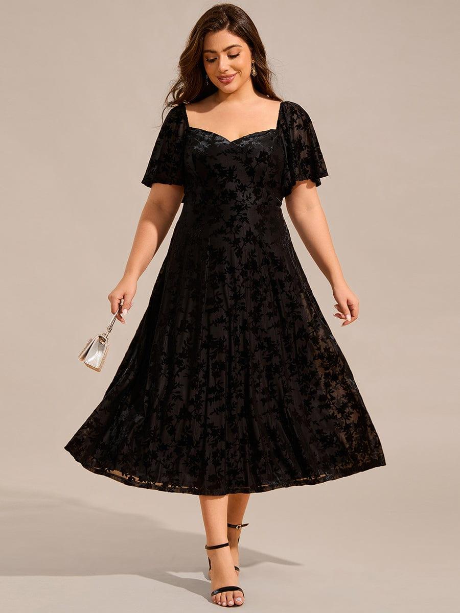 Glamorous Plus Size Tea-Length Velvet A-Line Wedding Guest Dress with Short Sleeves