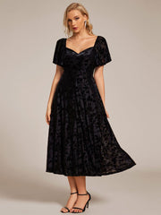 Trendy Tea-Length A-Line Short Sleeves Wedding Guest Dress