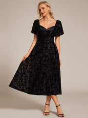 Trendy Tea-Length A-Line Short Sleeves Wedding Guest Dress