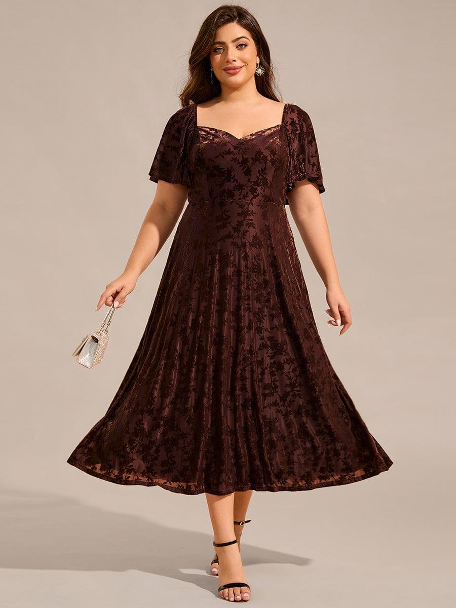 Glamorous Plus Size Tea-Length Velvet A-Line Wedding Guest Dress with Short Sleeves