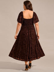 Glamorous Plus Size Tea-Length Velvet A-Line Wedding Guest Dress with Short Sleeves