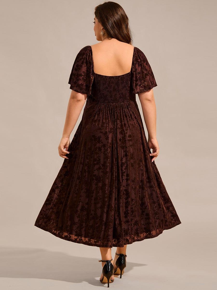Glamorous Plus Size Tea-Length Velvet A-Line Wedding Guest Dress with Short Sleeves
