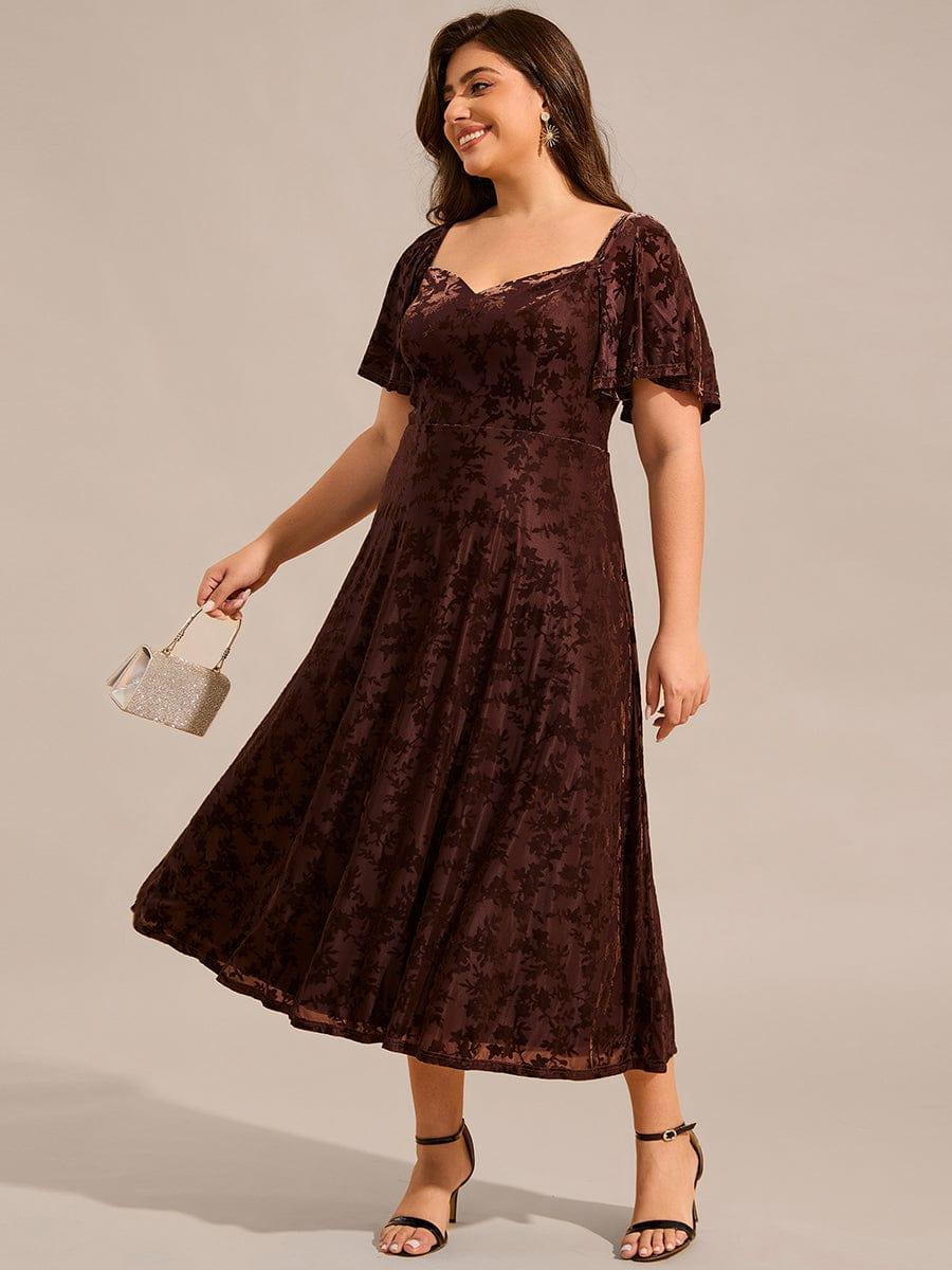 Glamorous Plus Size Tea-Length Velvet A-Line Wedding Guest Dress with Short Sleeves