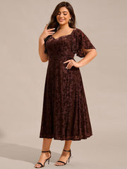 Glamorous Plus Size Tea-Length Velvet A-Line Wedding Guest Dress with Short Sleeves