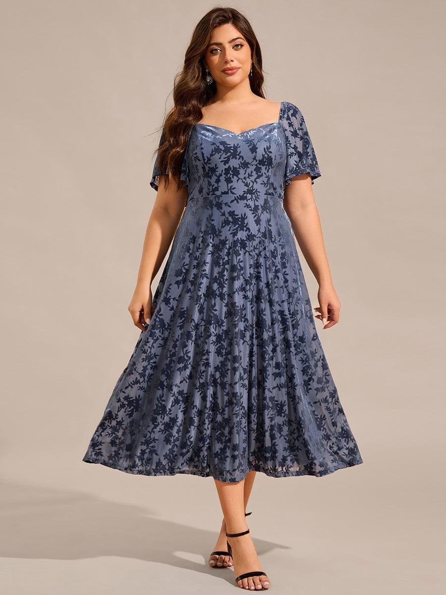 Glamorous Plus Size Tea-Length Velvet A-Line Wedding Guest Dress with Short Sleeves