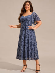 Glamorous Plus Size Tea-Length Velvet A-Line Wedding Guest Dress with Short Sleeves